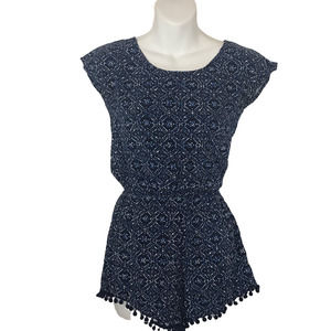 Mimi Chica Womens Romper XS Blue Geometric Pom Poms Keyhole Back Short Sleeve